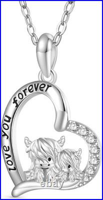GNOCE Scottish Highland Cow Mother and Child Necklace 925 Sterling Silver Cute