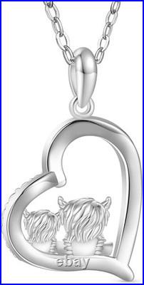 GNOCE Scottish Highland Cow Mother and Child Necklace 925 Sterling Silver Cute