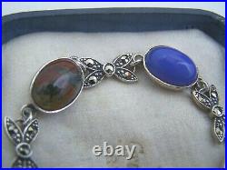 Gorgeous Vintage Solid Sterling Silver Scottish Agate Marcasite 7.5 Bracelet