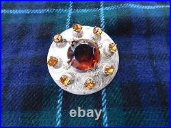 Heavy Antique Sterling Silver Pin Brooch Scottish Amber Stones Large Signed