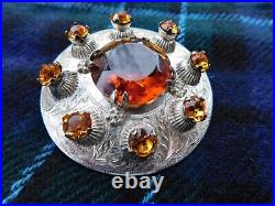 Heavy Antique Sterling Silver Pin Brooch Scottish Amber Stones Large Signed