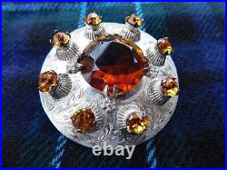 Heavy Antique Sterling Silver Pin Brooch Scottish Amber Stones Large Signed