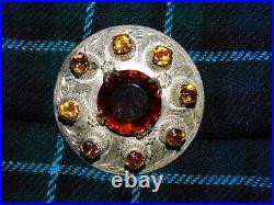 Heavy Antique Sterling Silver Pin Brooch Scottish Amber Stones Large Signed