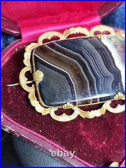Huge Antique Victorian Scottish Banded Agate & Pinchbeck Brooch Pin