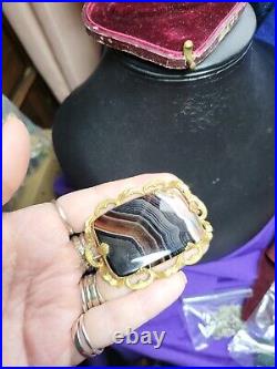 Huge Antique Victorian Scottish Banded Agate & Pinchbeck Brooch Pin