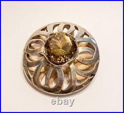 Huge Vintage Scottish Pin Brooch Sterling Silver Topaz Center