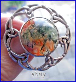 Iona Moss Agate Brooch Scottish Vintage Sterling Silver Celtic hm 1965 John Hart
