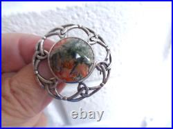 Iona Moss Agate Brooch Scottish Vintage Sterling Silver Celtic hm 1965 John Hart
