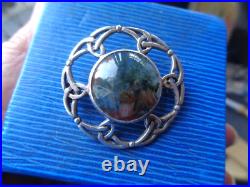 Iona Moss Agate Brooch Scottish Vintage Sterling Silver Celtic hm 1965 John Hart