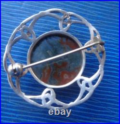 Iona Moss Agate Brooch Scottish Vintage Sterling Silver Celtic hm 1965 John Hart