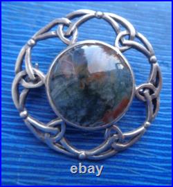 Iona Moss Agate Brooch Scottish Vintage Sterling Silver Celtic hm 1965 John Hart