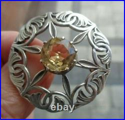 Iona Sterling Silver & Citrine Scottish Celtic Floral Brooch h/m 1963 John Hart