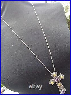 LARGE Scottish Stg Silver Amethyst & Iona Marble Cross Pendant & Chain h/m 1972