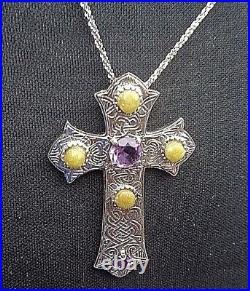 LARGE Scottish Stg Silver Amethyst & Iona Marble Cross Pendant & Chain h/m 1972