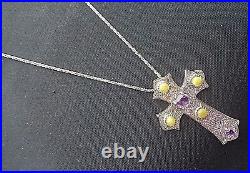 LARGE Scottish Stg Silver Amethyst & Iona Marble Cross Pendant & Chain h/m 1972