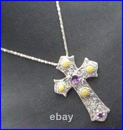 LARGE Scottish Stg Silver Amethyst & Iona Marble Cross Pendant & Chain h/m 1972