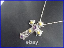 LARGE Scottish Stg Silver Amethyst & Iona Marble Cross Pendant & Chain h/m 1972