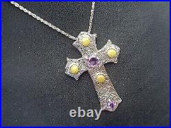 LARGE Scottish Stg Silver Amethyst & Iona Marble Cross Pendant & Chain h/m 1972