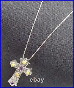 LARGE Scottish Stg Silver Amethyst & Iona Marble Cross Pendant & Chain h/m 1972