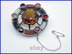 Large Antique 1880s Victorian Scottish Silver Citrine & Agate Gemstone Brooch