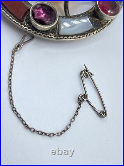 Large Antique 1880s Victorian Scottish Silver Citrine & Agate Gemstone Brooch