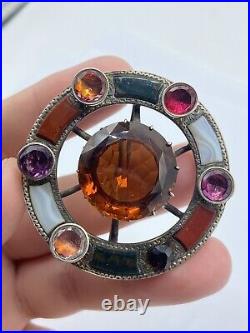 Large Antique 1880s Victorian Scottish Silver Citrine & Agate Gemstone Brooch