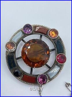 Large Antique 1880s Victorian Scottish Silver Citrine & Agate Gemstone Brooch