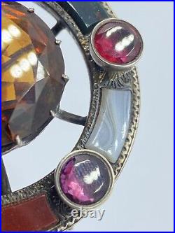 Large Antique 1880s Victorian Scottish Silver Citrine & Agate Gemstone Brooch