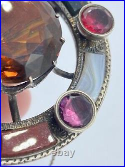 Large Antique 1880s Victorian Scottish Silver Citrine & Agate Gemstone Brooch