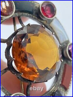 Large Antique 1880s Victorian Scottish Silver Citrine & Agate Gemstone Brooch