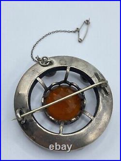 Large Antique 1880s Victorian Scottish Silver Citrine & Agate Gemstone Brooch