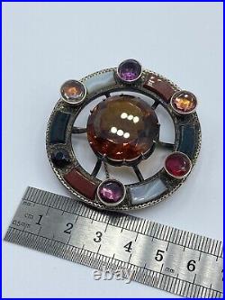 Large Antique 1880s Victorian Scottish Silver Citrine & Agate Gemstone Brooch