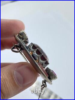 Large Antique 1880s Victorian Scottish Silver Citrine & Agate Gemstone Brooch