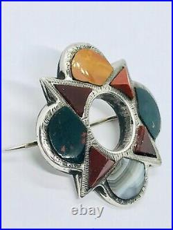 Large Antique Mid-Victorian Silver Scottish Agate & Pebble Brooch, c. 1850, 15.7g