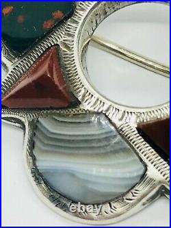 Large Antique Mid-Victorian Silver Scottish Agate & Pebble Brooch, c. 1850, 15.7g