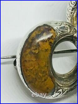 Large Antique Mid-Victorian Silver Scottish Agate/Pebble Knot Brooch/Pin, 18.1g