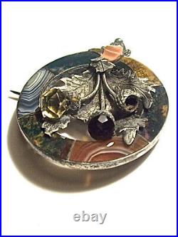 Large Antique Scottish Agate & Cairngorm Thistle Garter Brooch Pin