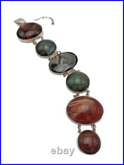 Large Antique Sterling Silver Scottish Agate Panel Bracelet Chester 1906 Hallmrk