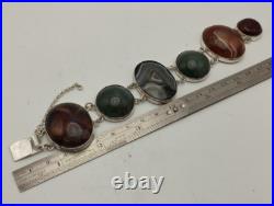 Large Antique Sterling Silver Scottish Agate Panel Bracelet Chester 1906 Hallmrk