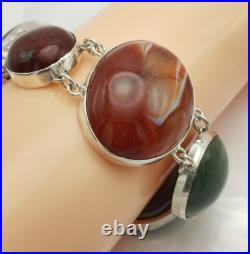 Large Antique Sterling Silver Scottish Agate Panel Bracelet Chester 1906 Hallmrk