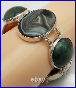 Large Antique Sterling Silver Scottish Agate Panel Bracelet Chester 1906 Hallmrk