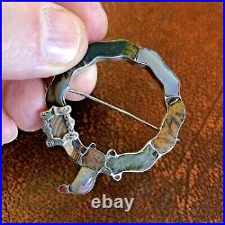 Large Antique Victorian Scottish Natural Agate Sterling Silver Brooch Pin Belt