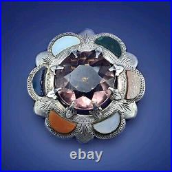 Large Antique Victorian Scottish Silver Amethyst & Agate Brooch