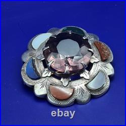 Large Antique Victorian Scottish Silver Amethyst & Agate Brooch