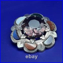 Large Antique Victorian Scottish Silver Amethyst & Agate Brooch