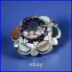 Large Antique Victorian Scottish Silver Amethyst & Agate Brooch