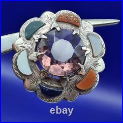 Large Antique Victorian Scottish Silver Amethyst & Agate Brooch