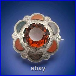 Large Antique Victorian Scottish Silver Citrine & Agate Brooch