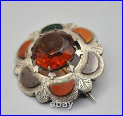 Large Antique Victorian Scottish Silver Citrine & Agate Brooch