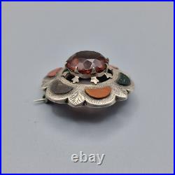 Large Antique Victorian Scottish Silver Citrine & Agate Brooch